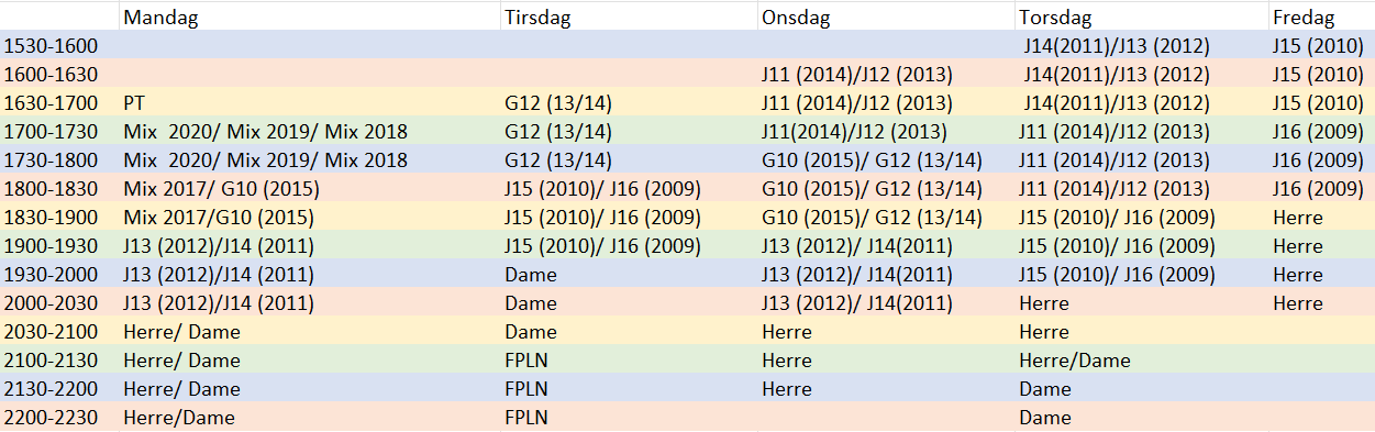 treningstider forlsag kun hall